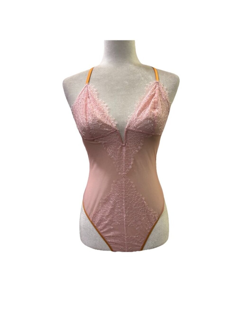 Victoria Secret Blush Pink Bodysuit Teddie V Neck Lace Detail Size Medium